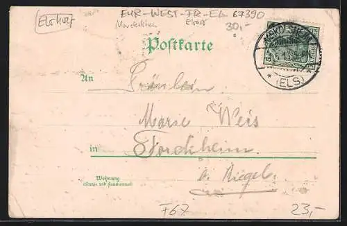 Lithographie Markolsheim, Gasthaus zur Stadt Colmar, Villa Klein, Kirche, Ruine Limburg