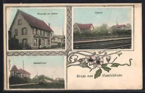 AK Mundolsheim, Gasthaus zur Station, Bahnhof, Bahnhofstrasse
