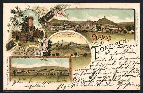 Lithographie Forbach, Kaserne, Schlossturm, Kreuzkapelle und Villa Kreuzberg, Totalansicht