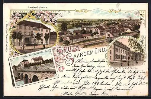 Lithographie Saargemünd, Ortsansicht, Landgerichtsplatz, Post und Neubrückenstrasse