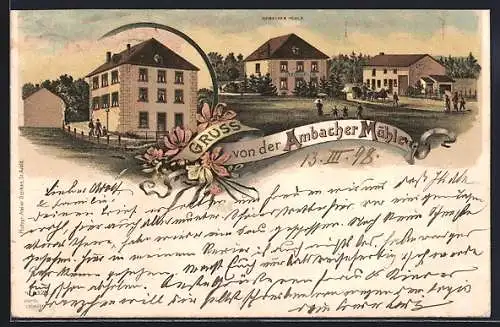 Lithographie Ambach, Gasthaus Ambacher Mühle, Ortspartie