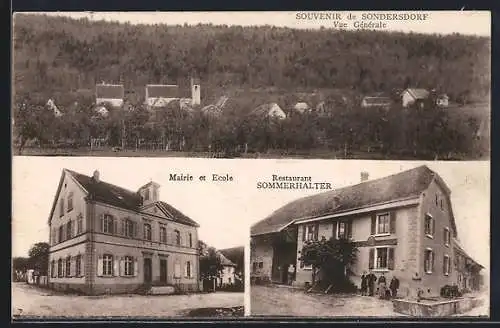 AK Sondersdorf, Restaurant Sommerhalter, Mairie et Ecole, vue générale