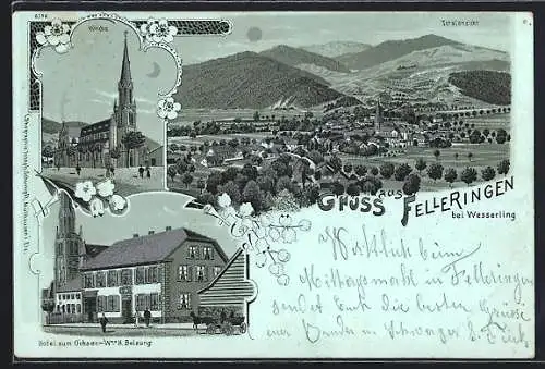 Mondschein-Lithographie Felleringen bei Wesserling, Hotel zum Ochsen v. Wwe. Belzung, Kirche, Totalansicht