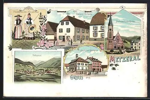 Lithographie Metzeral, Spezerei Murbach und Hotel zur Sonne, Protest. Kirche, Schule und Reichspost, Totalansicht
