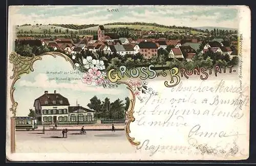 Lithographie Brunstatt, Gasthaus zur Linde v. Michael Bildstein, Totalansicht
