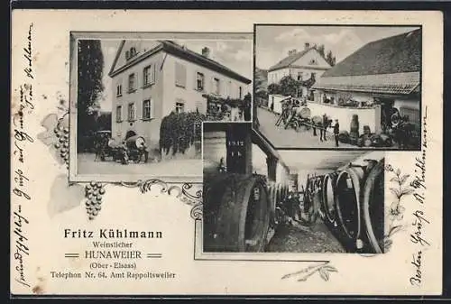 AK Hunaweier /Ober-Elsass, Wein-Gasthaus Fritz Kühlmann mit Weinkeller