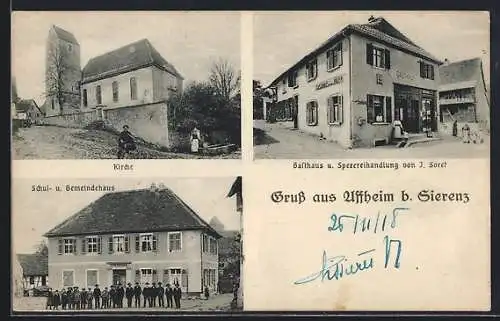 AK Uffheim b. Sierenz, Gasthaus u. Spezereihandlung von J. Soret, Kirche, Schul- und Gemeindehaus