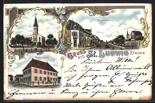 Lithographie St. Ludwig, Mühlhauserstrasse, evangl. Kirche, Gemeindehaus
