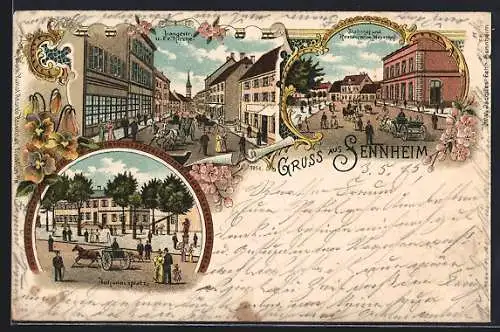 Lithographie Sennheim /Haut-Rhin, Bahnhof und Restaurant Meyerhof, Langestrasse und Ev. Kirche, Johannesplatz