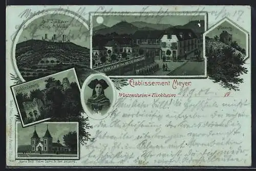 Mondschein-Lithographie Wintzenheim /Türkheim, Gasthaus A. Meyer, Drei Schlösser, Hohlandsburg, Kirche Maria Hilf