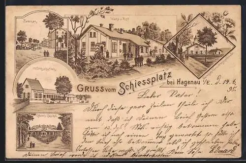 Lithographie Hagenau i. E., Wache und Post, Garnison-Verwaltungsgebäude, Baracken, Offiziers-Kasino, Gasthaus