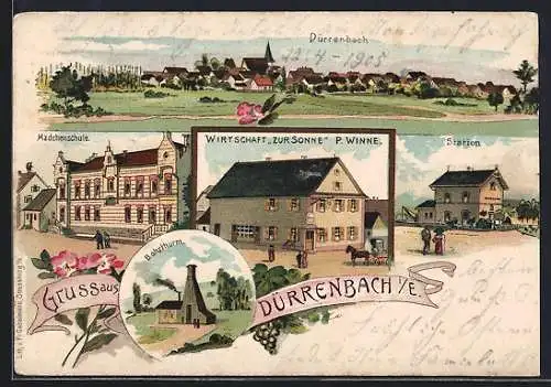 Lithographie Dürrenbach i. E., Gasthaus zur Sonne v. P. Winne, Mädchenschule, Station, Totalansicht