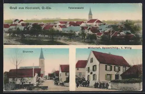 AK Hochstatt, Brunnen, Wirtschaft, Spezereihdlg. X. Willig, Totalansicht