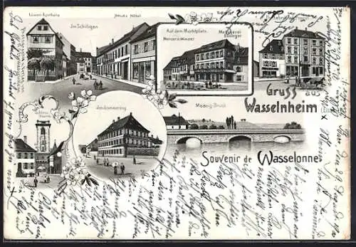 Lithographie Wasselnheim /Elsass, Neues Hotel und Löwen-Apotheke im Schiligen, Mercerie Minder und Metzgerei Enninger