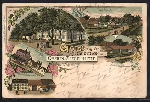Lithographie Marienthal, Restaurant zur Oberen Ziegelhütte, Kapelle mit Kloster, Wohnhaus mit Ökonomie-Gebäude