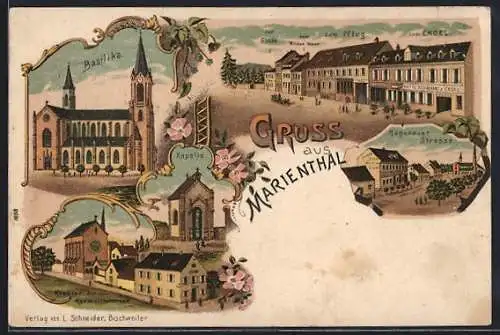 Lithographie Marienthal, Gasthäuser zur Glocke, zum Wilden Mann, zum Pflug, Hotel zum Engel, Basilika, Kapelle