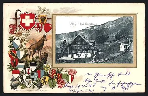 Lithographie Engelberg, Bergli im Passepartout mit Kantons-Wappen und Gemse