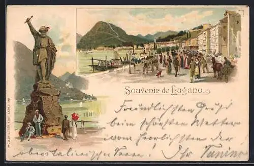 Lithographie Lugano, Ortspartie am See mit William Tell Statue
