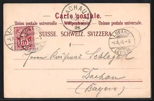 Lithographie Lugano, Ortspartie am See mit William Tell Statue