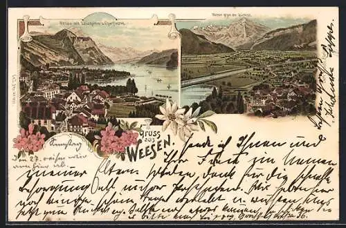 Lithographie Weesen, Totalansichten gegen Leistkamm und Churfirsten und gegen den Glärnisch