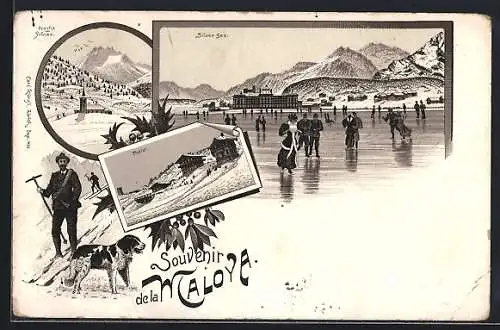 Lithographie Maloya, Chalet, Silser See, Blick auf die Kirche