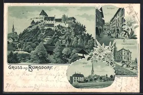 Lithographie Burgdorf, Ersparniskasse, Kirche, Kirchbühl, Ortsansicht