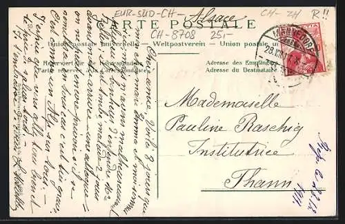 AK Männedorf, Ortsansicht im Passepartout mit Schwalben