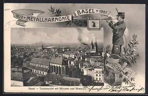 AK Basel, Totalansicht mit Münster und Rhein, Fahnenweihe der Metallharmonie 1907