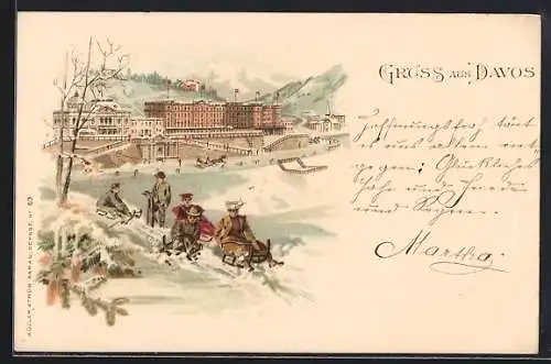 Winter-Lithographie Davos, Ortsansicht, Rodelpartie