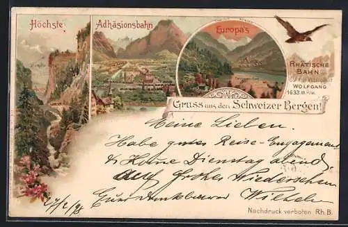 Lithographie Davos /Schweizer Berge, Verlaufspunkte der Rhätischen Bahn, Höchste Adhäsionsbahn Europa`s