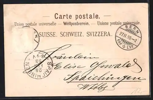 Lithographie Davos /Schweizer Berge, Verlaufspunkte der Rhätischen Bahn, Höchste Adhäsionsbahn Europa`s