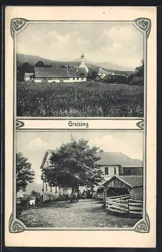 AK Greising, Teilansicht vom Ort, Platz im Ortskern