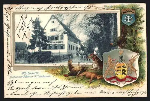 Passepartout-Lithographie Kirchheim u. T., Gasthaus zur Krone v. H. Müllerschön, Wappen