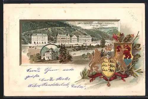 Passepartout-Lithographie Calw im Schwarzwald, Wappen, Höhere Handelsschule, Villa Spöhrer