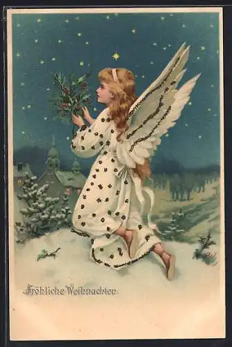 AK Weihnachtsengel mit Stechpalmenzweigen in der Hand schaut in die Nacht