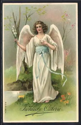 Präge-AK Osterengel auf einer Frühlingswiese