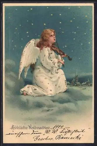 AK Weihnachtsengel sitzt auf der Wolke und musiziert auf der Geige