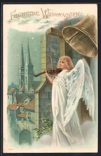 Präge-AK Weihnachtsengel spielt unter Kirchenglocken Geige