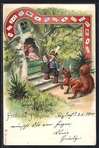 AK Zwerg mit Eichhörnchen an der Leine überbringt einen Brief, Pfingsgruss
