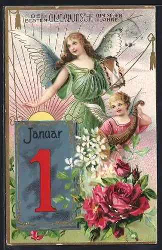 Präge-AK Neujahrsengel mit Füllhorn und Kalenderblatt, Neujahrsgruss