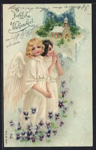 AK Weihnachtsengel vor verschneiter Kirche, Veilchen
