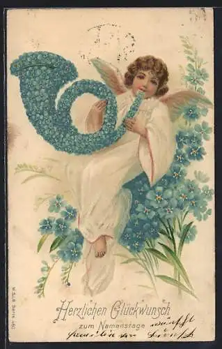 Präge-AK Engel mit Horn aus Vergissmeinnicht, Namenstag