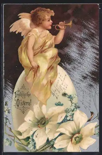Präge-AK Osterengel sitzt mit Trompete auf einem Osterei