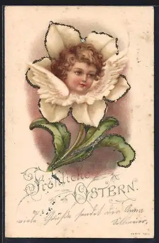 AK Osterengel auf einer weissen Blüte, Fröhliche Ostern