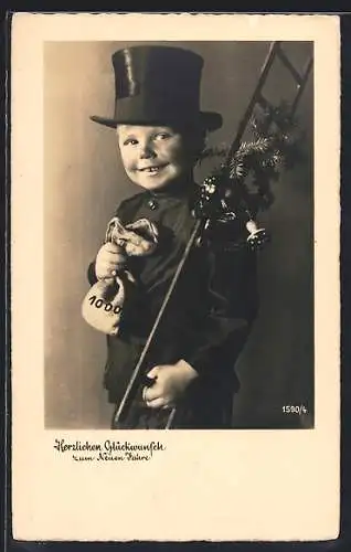 AK Kleiner Schornsteinfeger mit Leiter und Hufeisen, Neujahrsgruss