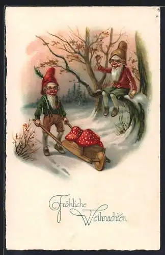 AK Zwerge mit Schubkarre voller Fliegenpilze, Fröhliche Weihnachten