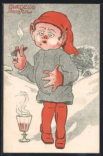 Künstler-AK Zwerg raucht eine Zigarre, Glaedelig Jul