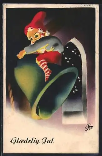 AK Zwerg schaukelt auf einer Glocke, Glaedelig Jul