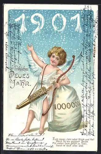AK Fröhliches neues Jahr 1901, Amor mit Geldsack und Pfeil u. Bogen, Jahreszahl im fallenden Schnee