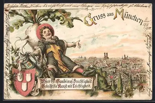 Lithographie München, Münchner Kindl sitzt vor der Stadt